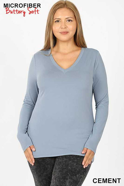 Plus Size Brushed Microfiber Long Sleeve V-neck Tee