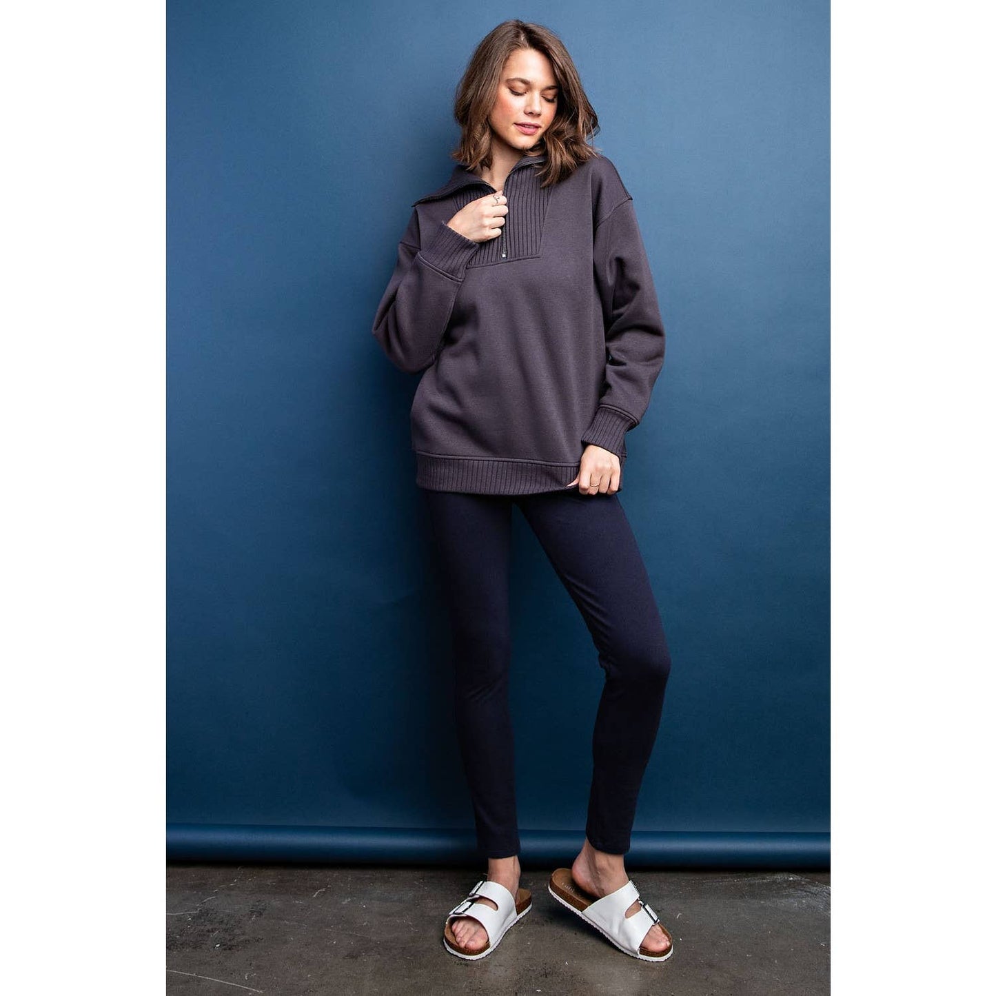 FRENCH TERRY RIBBED MOCK NECK PULLOVER: Sky Blue / S