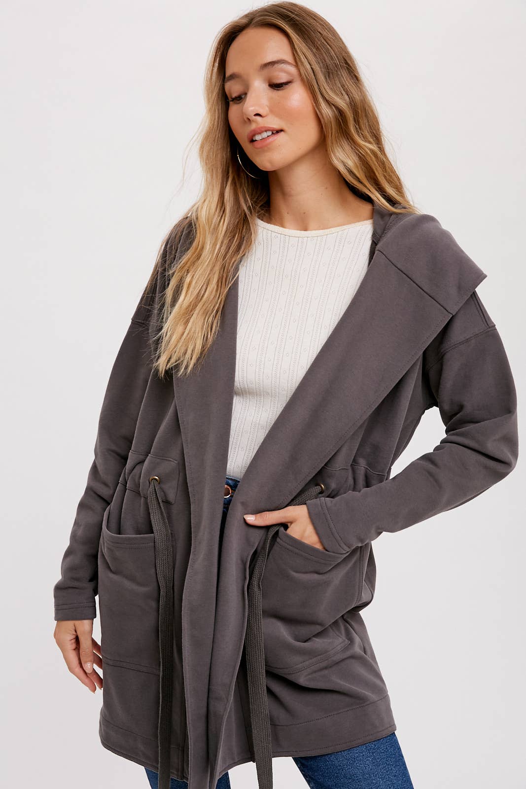 FRENCH TERRY HOODIE JACKET: ASH / S