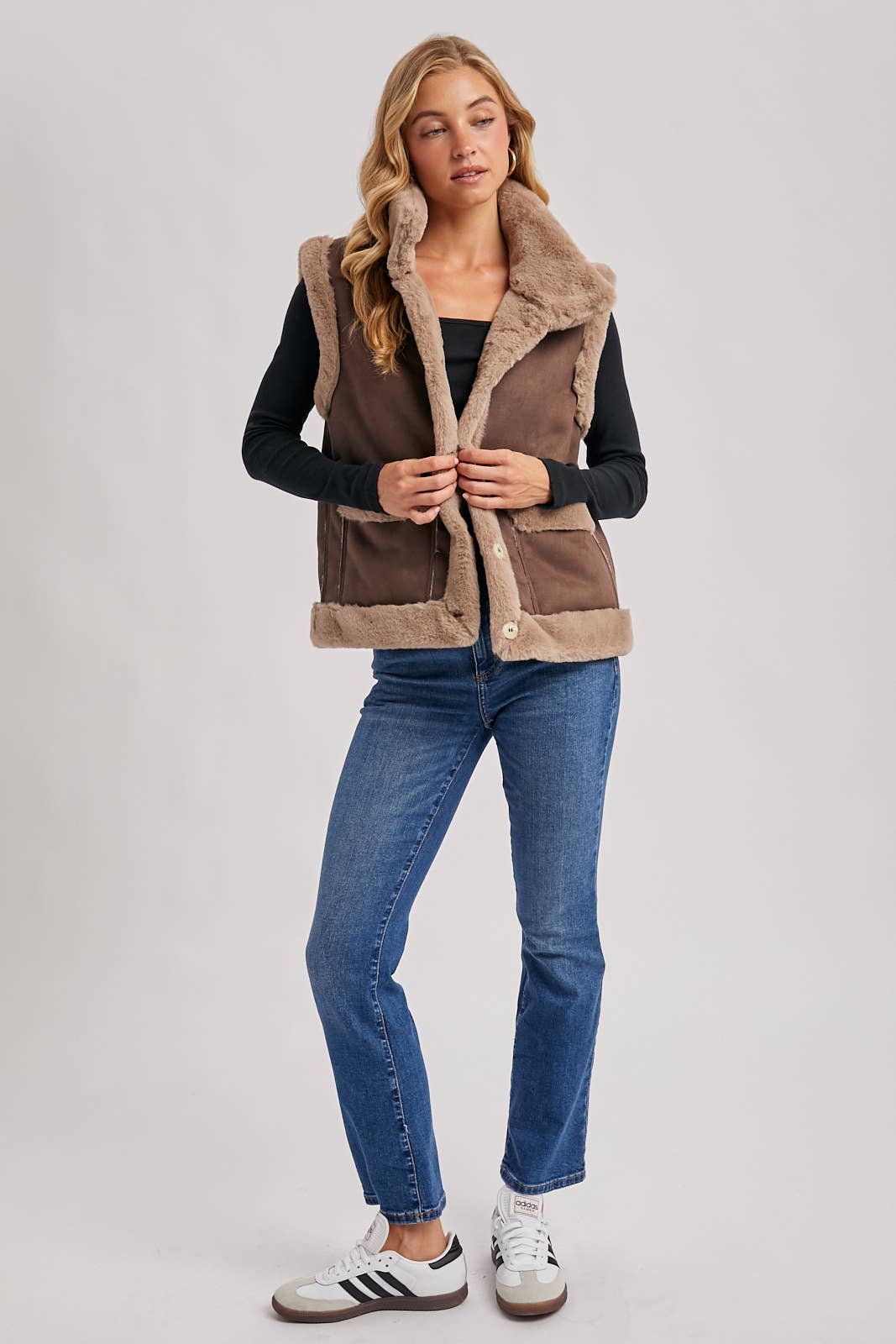 FAUX SUEDE WITH FAUX SHEARLING LINING TRIM VEST
