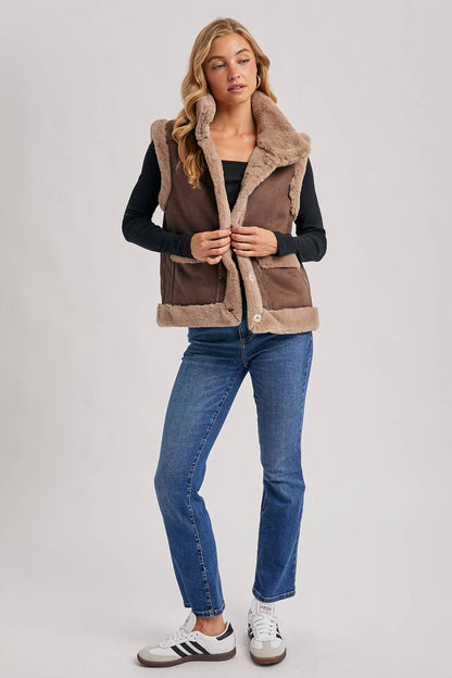FAUX SUEDE WITH FAUX SHEARLING LINING TRIM VEST