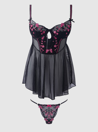 HARPER EMBROIDERED MESH DROP WAIST BABYDOLL & G-STRING SET