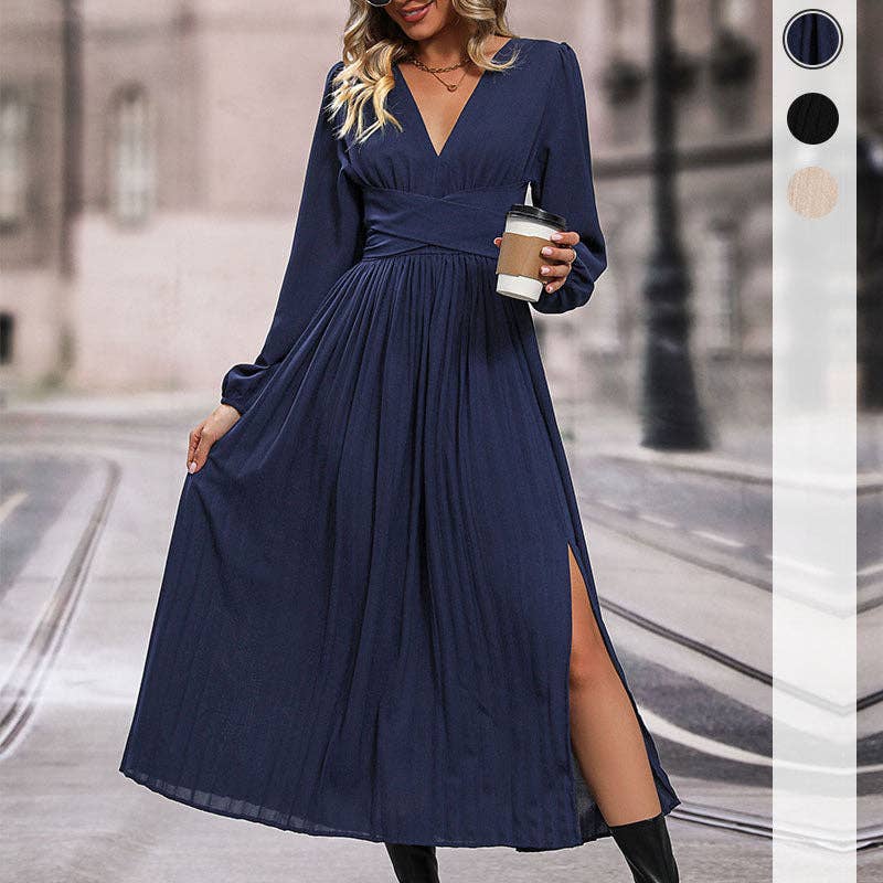 Long Sleeve Solid Color A-Line Midi Dress