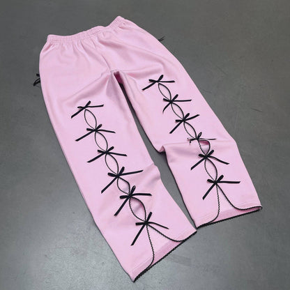 Black Solid color bow velvet casual hollow sweatshirt sports pants