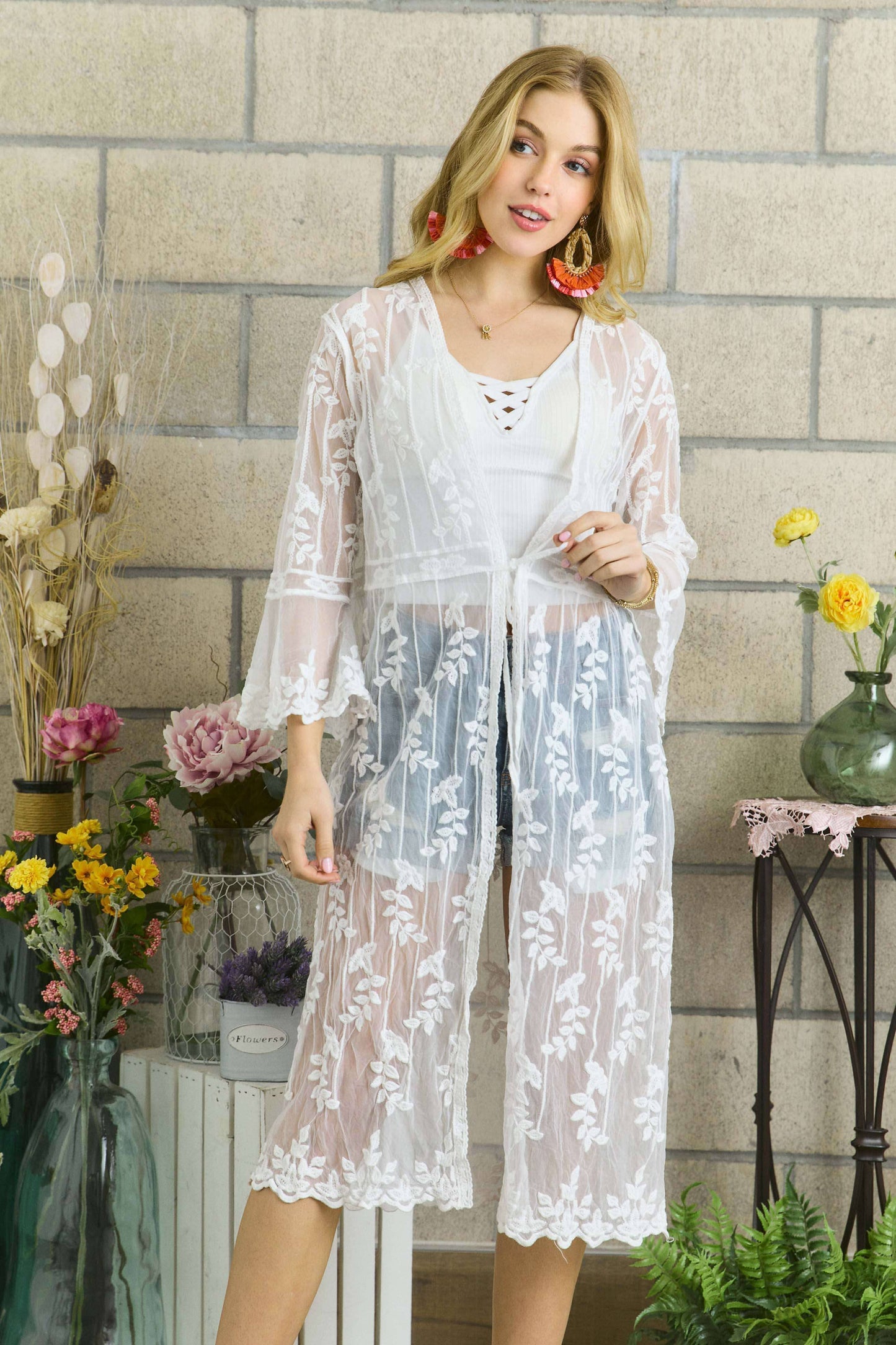 CEJ2136A - LACE & CROCHET SLEEVE LONG KIMONO