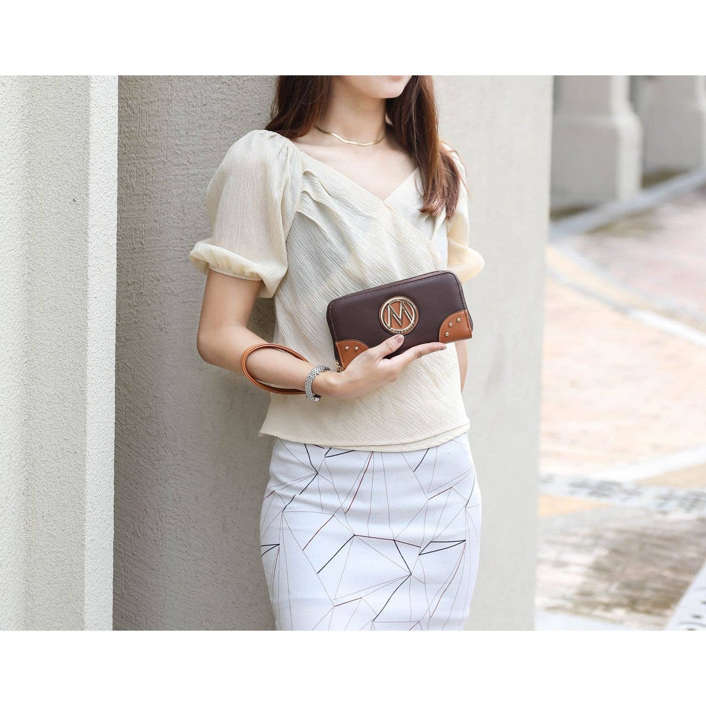 Candice Color Block Bucket Bag with matching Wallet by Mia K: Beige Coffee