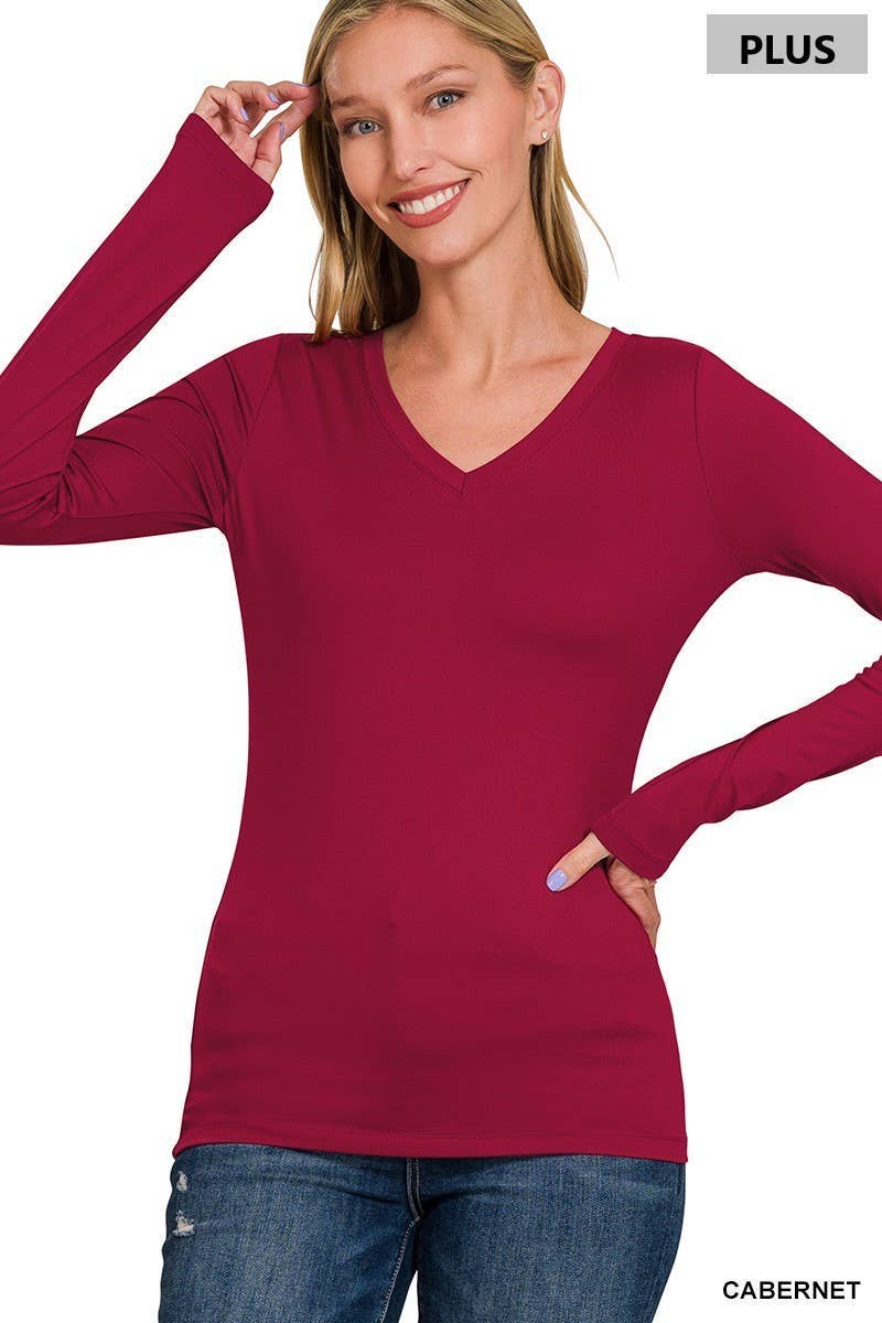 Plus Size Brushed Microfiber Long Sleeve V-neck Tee