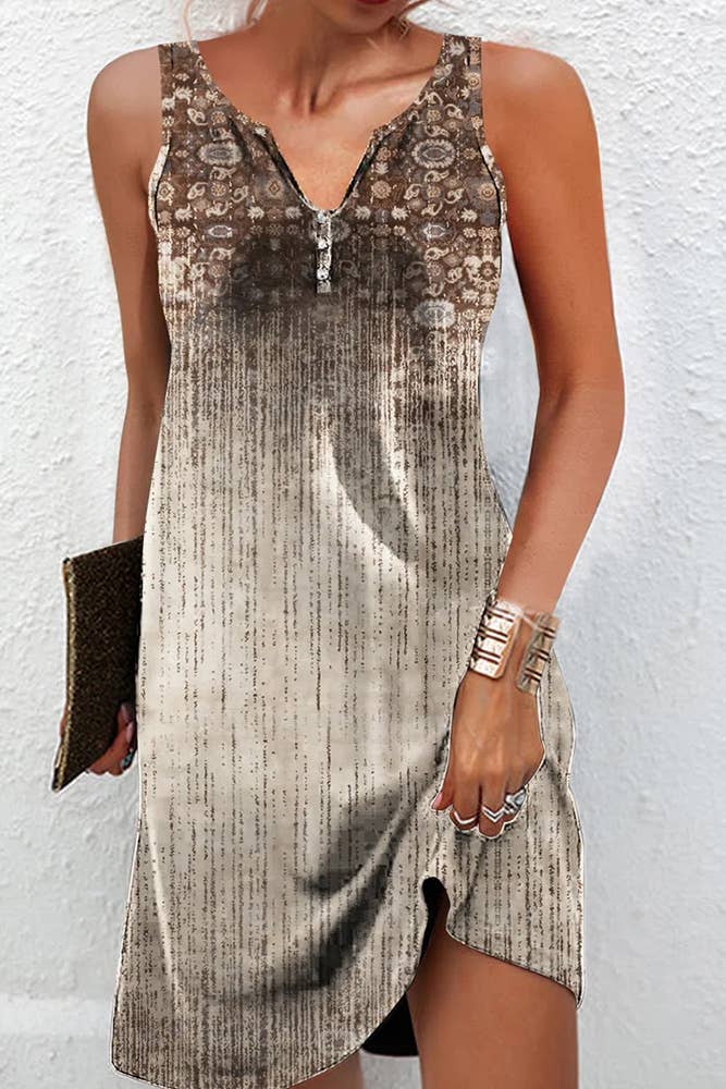 Printed V Neck Button Sleeveless Dress CK09: 07 / XL