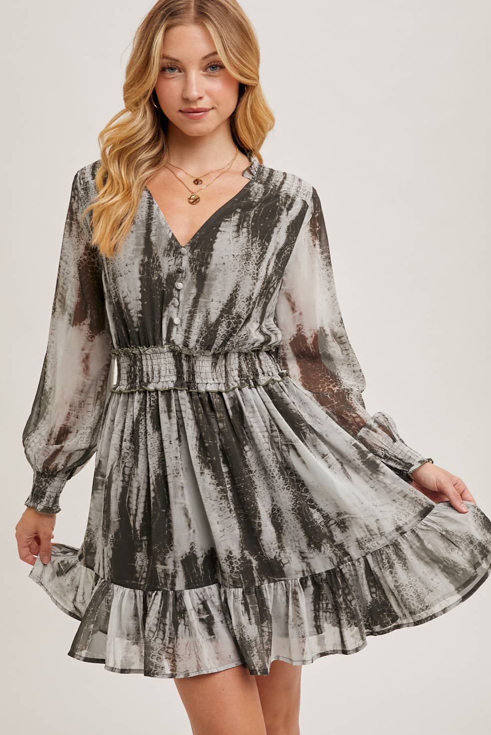 ANIMAL PRINT LONG SLEEVED V-NECK MINI DRESS