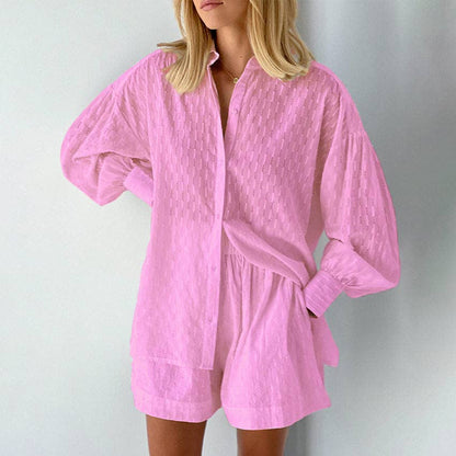 Summer Women's Blouse Bubble Sleeve Shorts Set