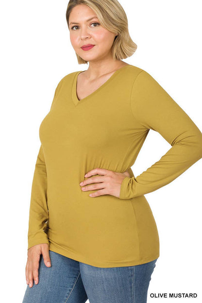Plus Size Brushed Microfiber Long Sleeve V-neck Tee