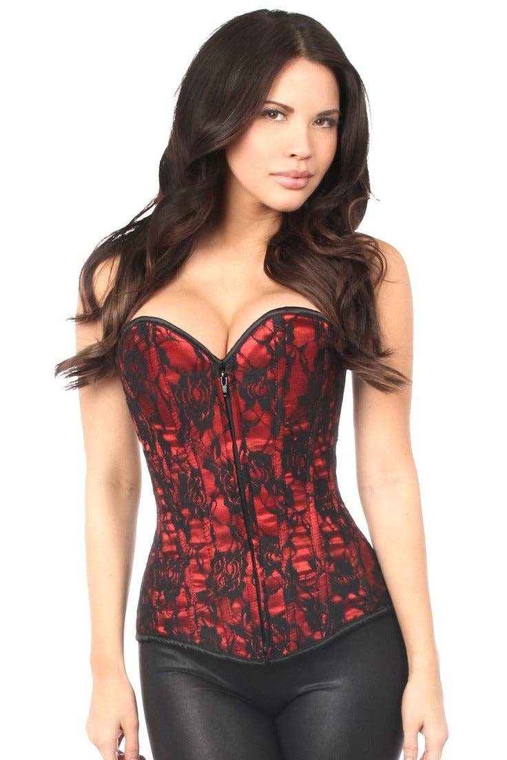 Lavish Red Lace Front Zipper Corset: MEDIUM