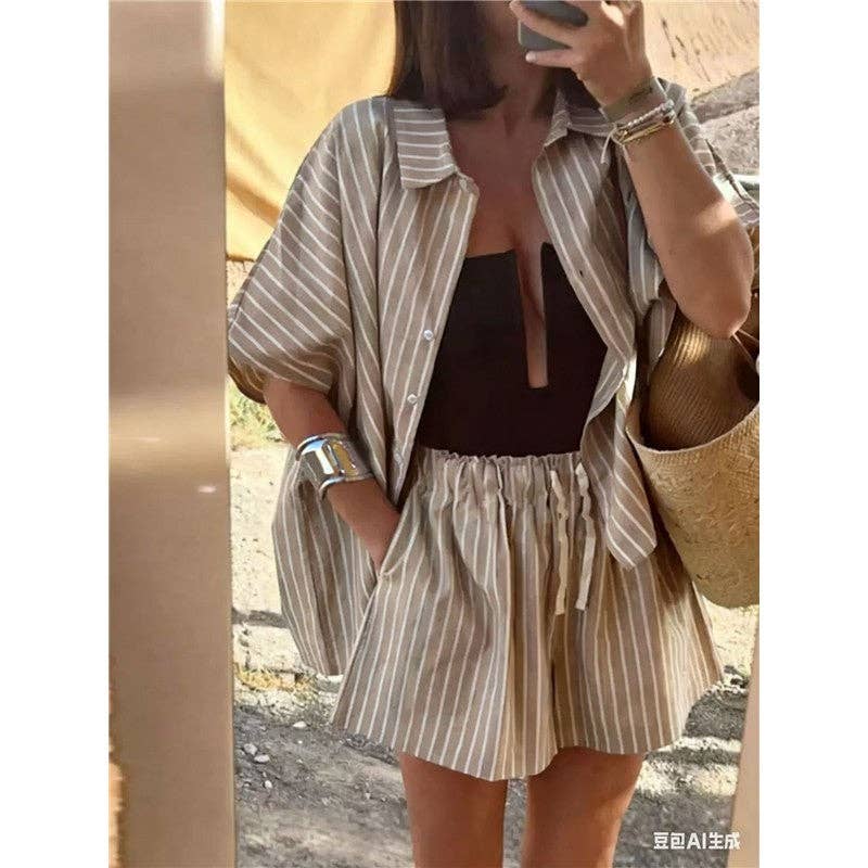 Summer Striped Shirt Pocket Shorts Loose Casual Set Women