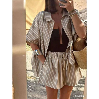 Summer Striped Shirt Pocket Shorts Loose Casual Set Women