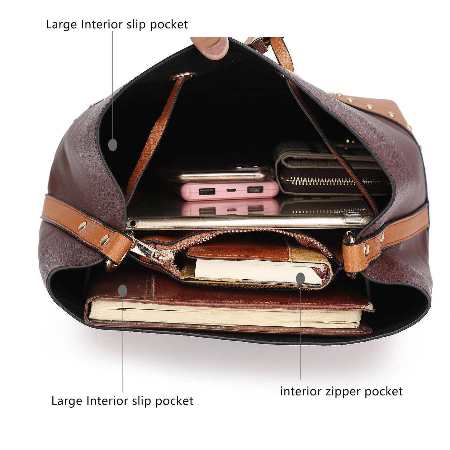 Candice Color Block Bucket Bag with matching Wallet by Mia K: Beige Coffee