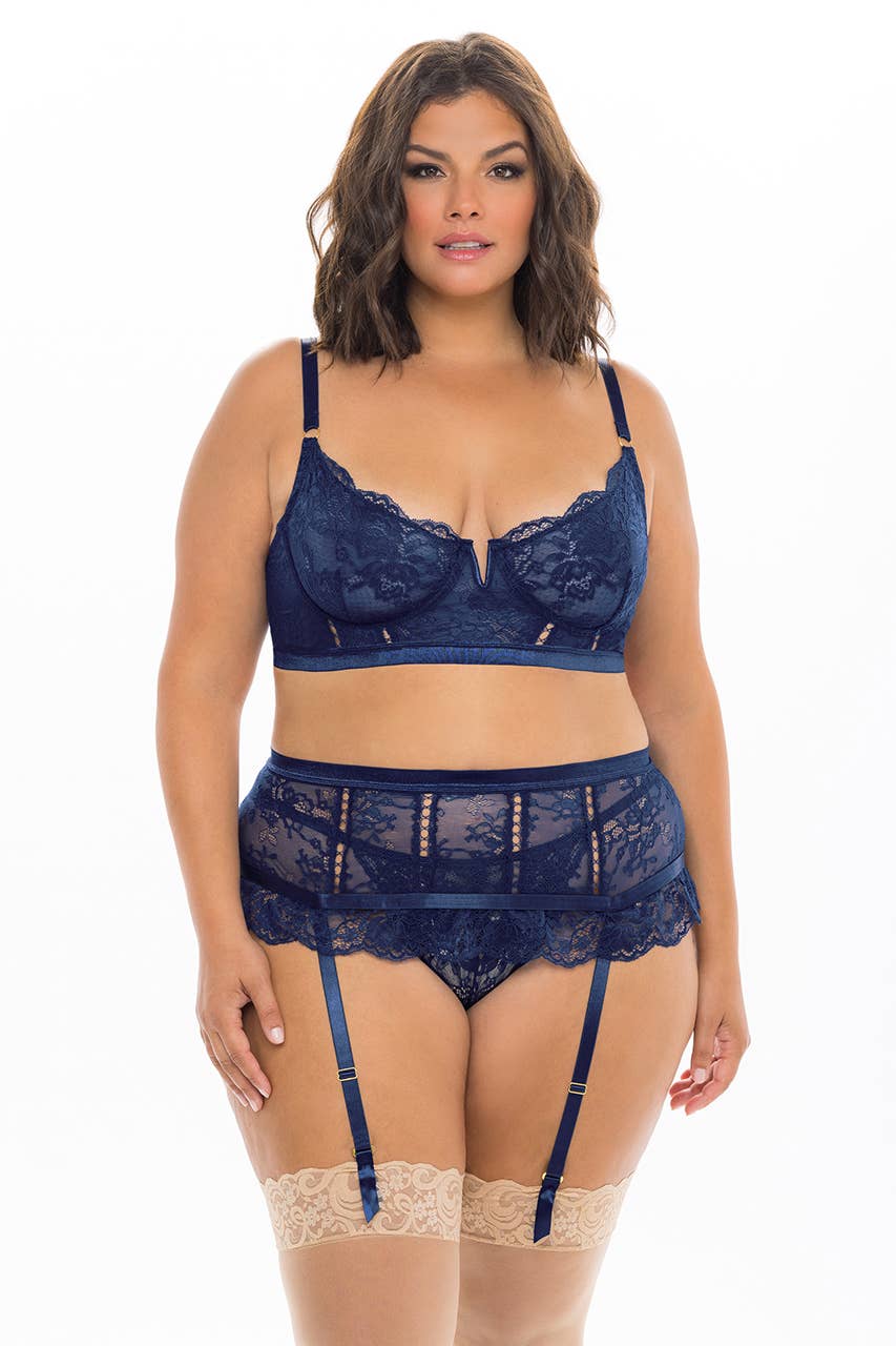 ADRIENNE LACE 3PC BRA SET: Estate Blue / 1X