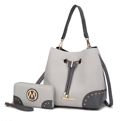 Candice Color Block Bucket Bag with matching Wallet by Mia K: Beige Coffee