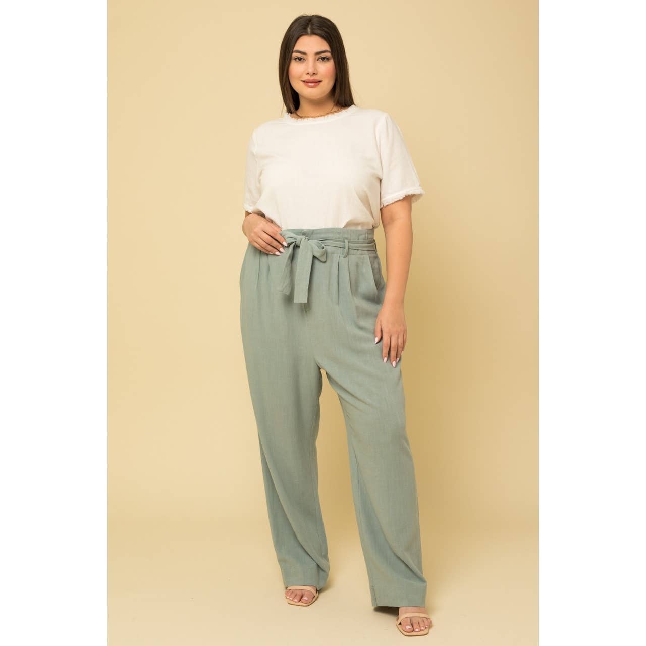 PLUS SIZE PAPERBAG WAIST TIE BELT WIDE LEG PANTS: SAGE / 2X