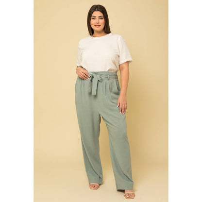 PLUS SIZE PAPERBAG WAIST TIE BELT WIDE LEG PANTS: SAGE / 2X