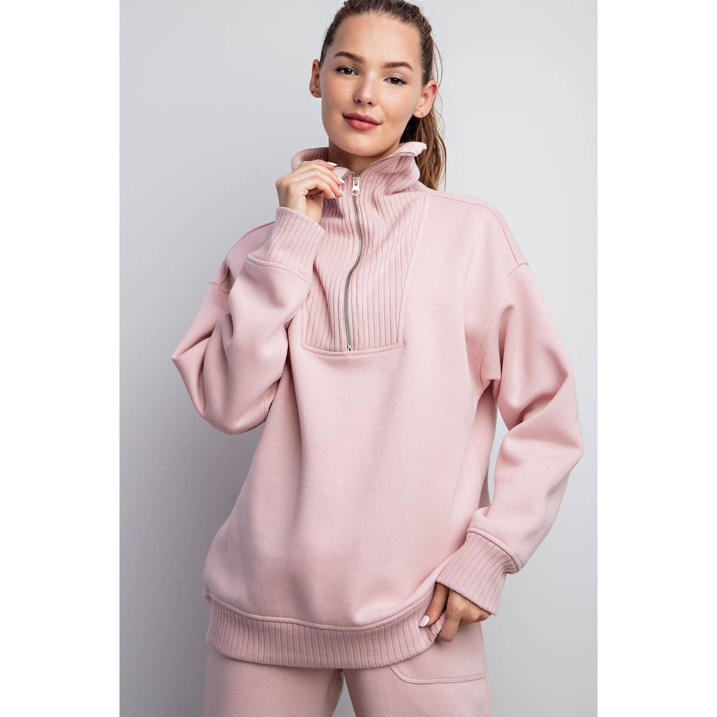 FRENCH TERRY RIBBED MOCK NECK PULLOVER: Sky Blue / XL