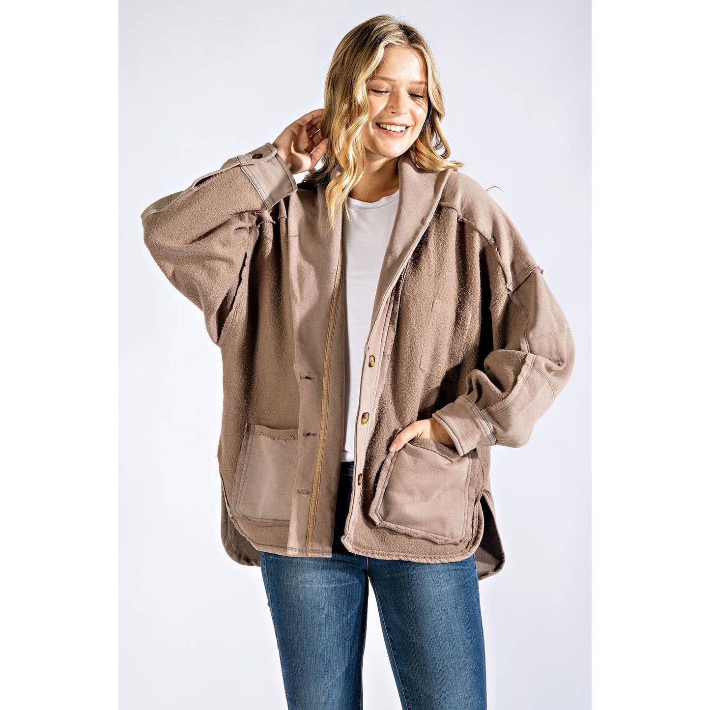 COTTON FRENCH TERRY MINERAL WASHED JACKET: Brick / S