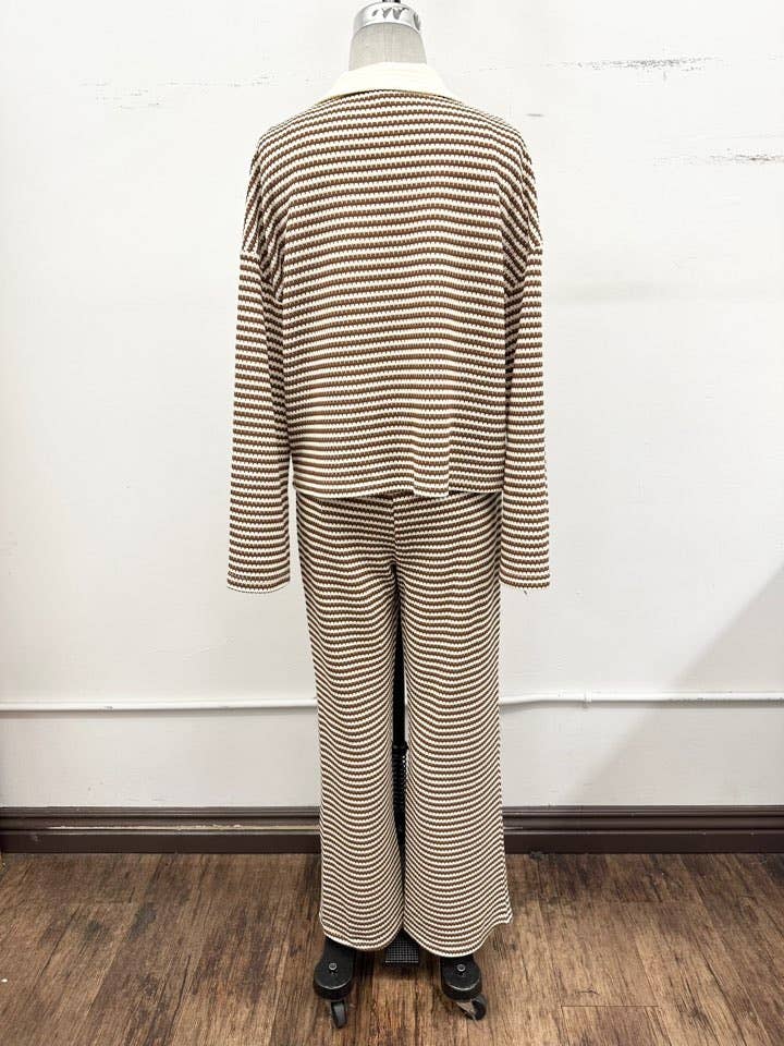 Striped Collared Knit Lounge Pant  Set
