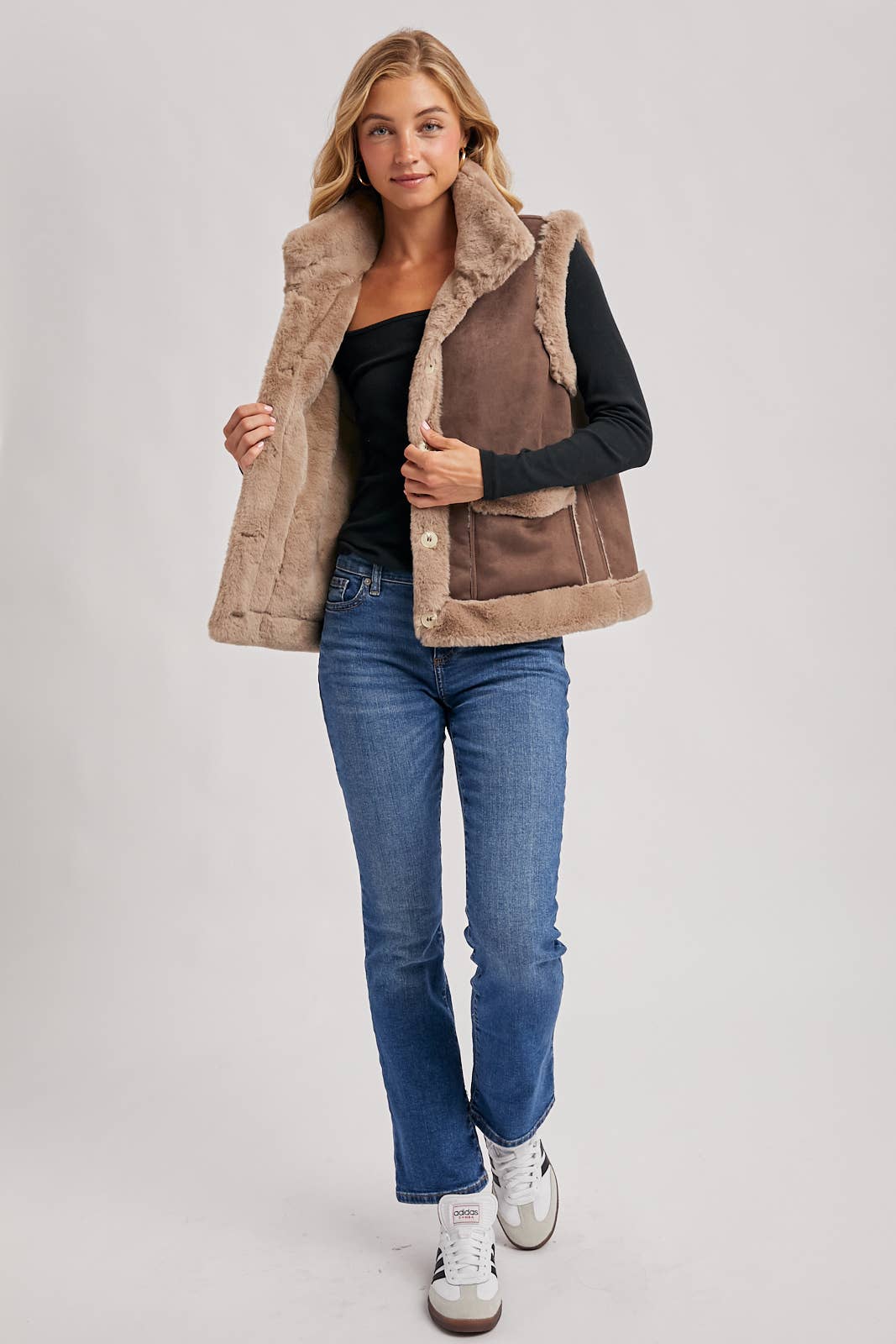 FAUX SUEDE WITH FAUX SHEARLING LINING TRIM VEST