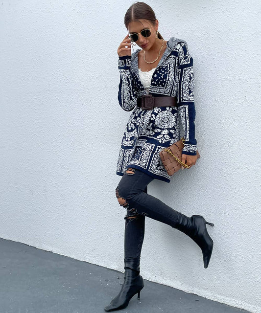 Navy blue floral pattern hooded cardigan with pockets: L