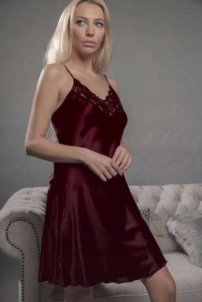 Burgundy Silky Nightgown with  Lace Embroidery