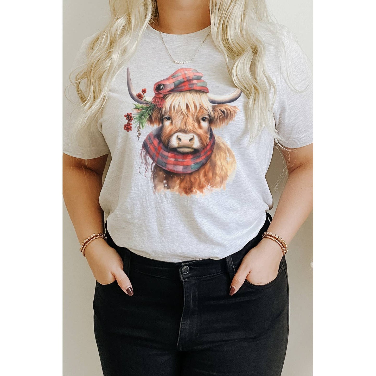 Plaid Cozy Long Horn Christmas Cow Graphic Tee