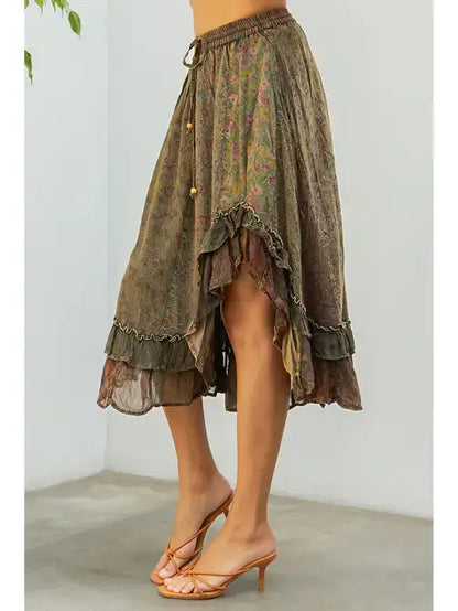 Overdyed Mid-Length Rayon Printy Skirt Boho Babe (XS-S-M)