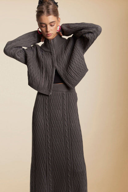 CESW3452 - ZIP UP SWEATER TOP AND SKIRT SETS