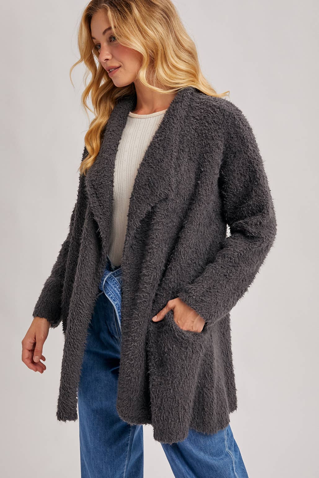 SOFT FUZZY DRAPE FRONT CARDIGAN