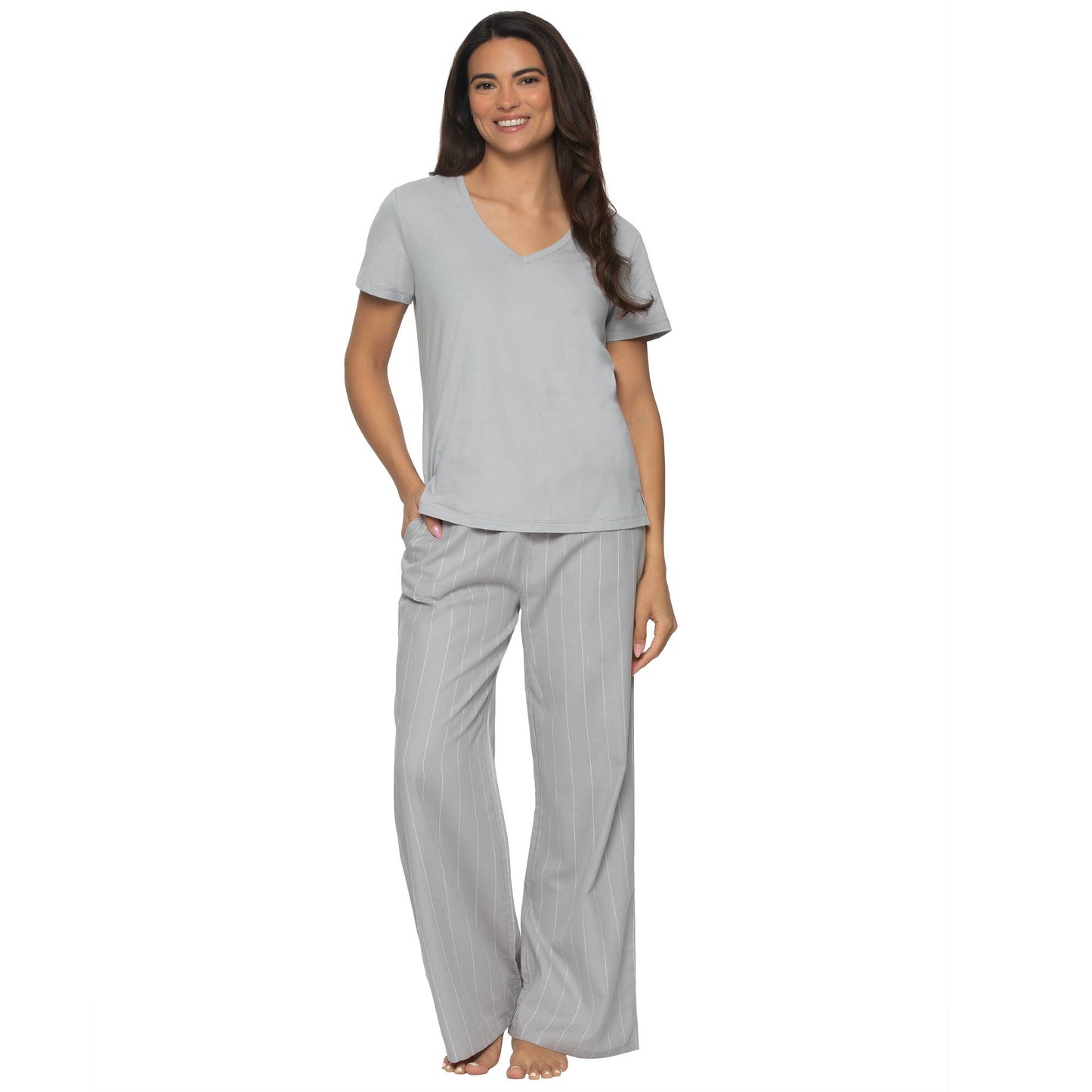 Mirielle Cotton Twill S/S V-neck and Pant PJ Set - Silver: Silver Sconce w White Pinstripe (SWP) / L