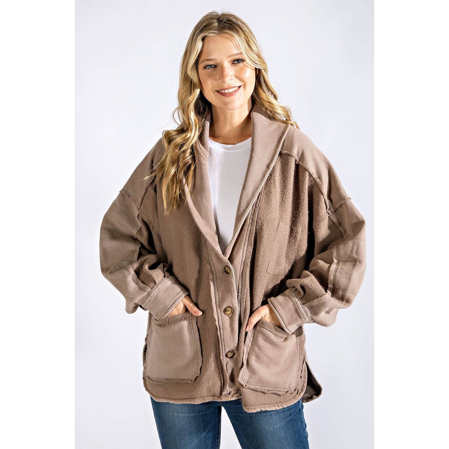 COTTON FRENCH TERRY MINERAL WASHED JACKET: Olive / L