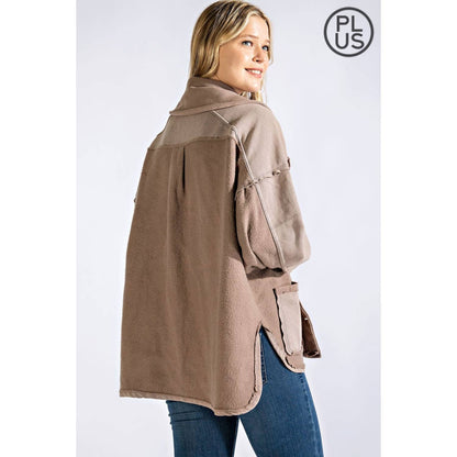 PLUS COTTON FRENCH TERRY MINERAL WASHED JACKET: Mocha / 2X