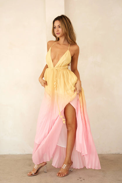 LD1225 Plunge Neckline Pleated Maxi Dress: Yellow Pink Ombre / Contemporary / L