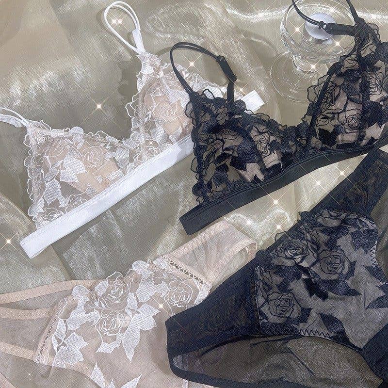 Rose Embroidered Lace Cotton Bra Set