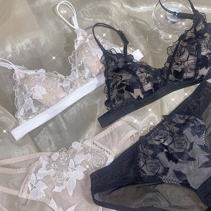 Rose Embroidered Lace Cotton Bra Set