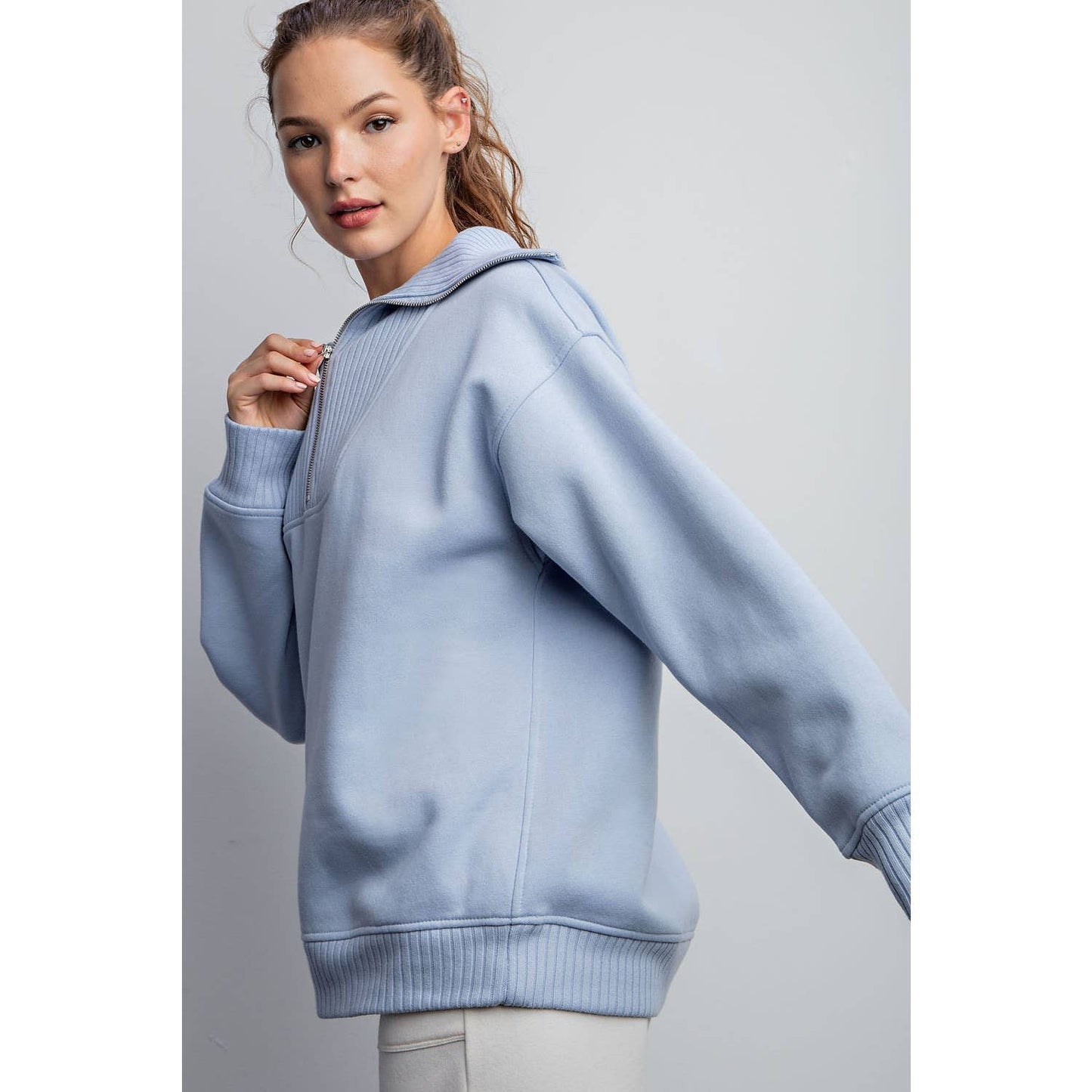 FRENCH TERRY RIBBED MOCK NECK PULLOVER: Sky Blue / XL