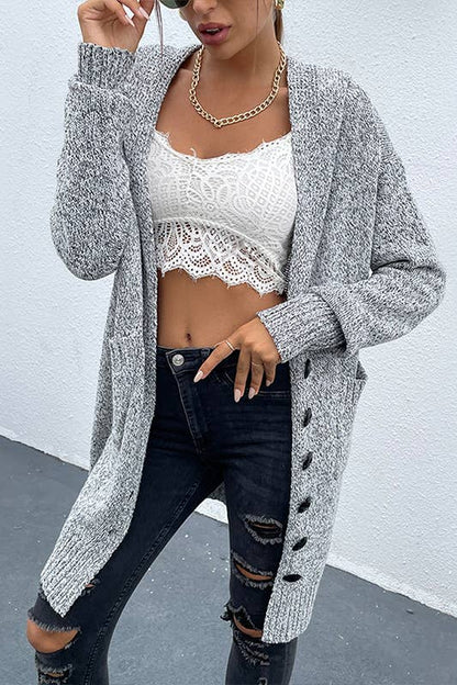 Gray Knit Dual Pocket Hooded Long Cardigan with front button: S