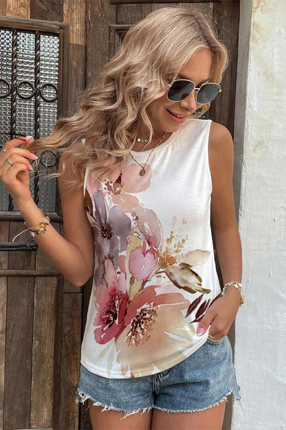 Placement Paint Floral Print Tank Top AXR046: White / M