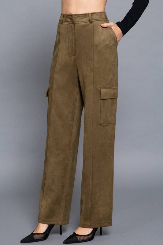 High Waist Straight Line Suede Cargo Pants
