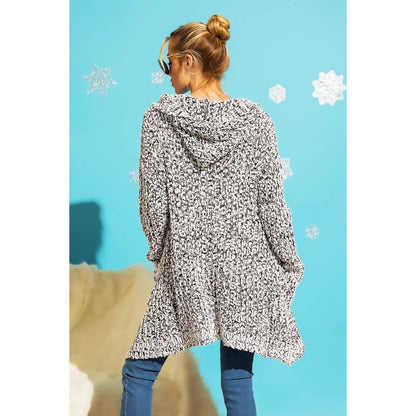 RIBBED POPCORN KNIT LONG OPEN HOODIE CARDIGAN: Adobe / ML