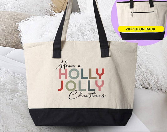 Holly Jolly Christmas - Christmas Canvas Zipper Tote