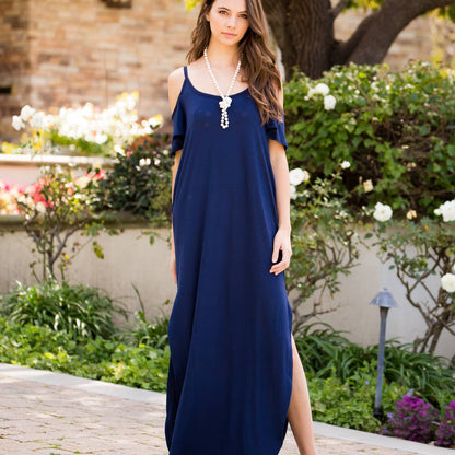SD5050 Ruffled Cold-shoulder Maxi Dress: XL / Navy