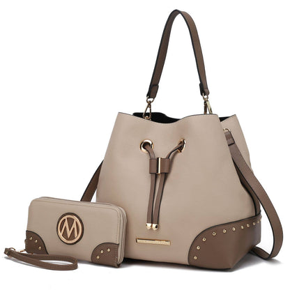 Candice Color Block Bucket Bag with matching Wallet by Mia K: Beige Coffee