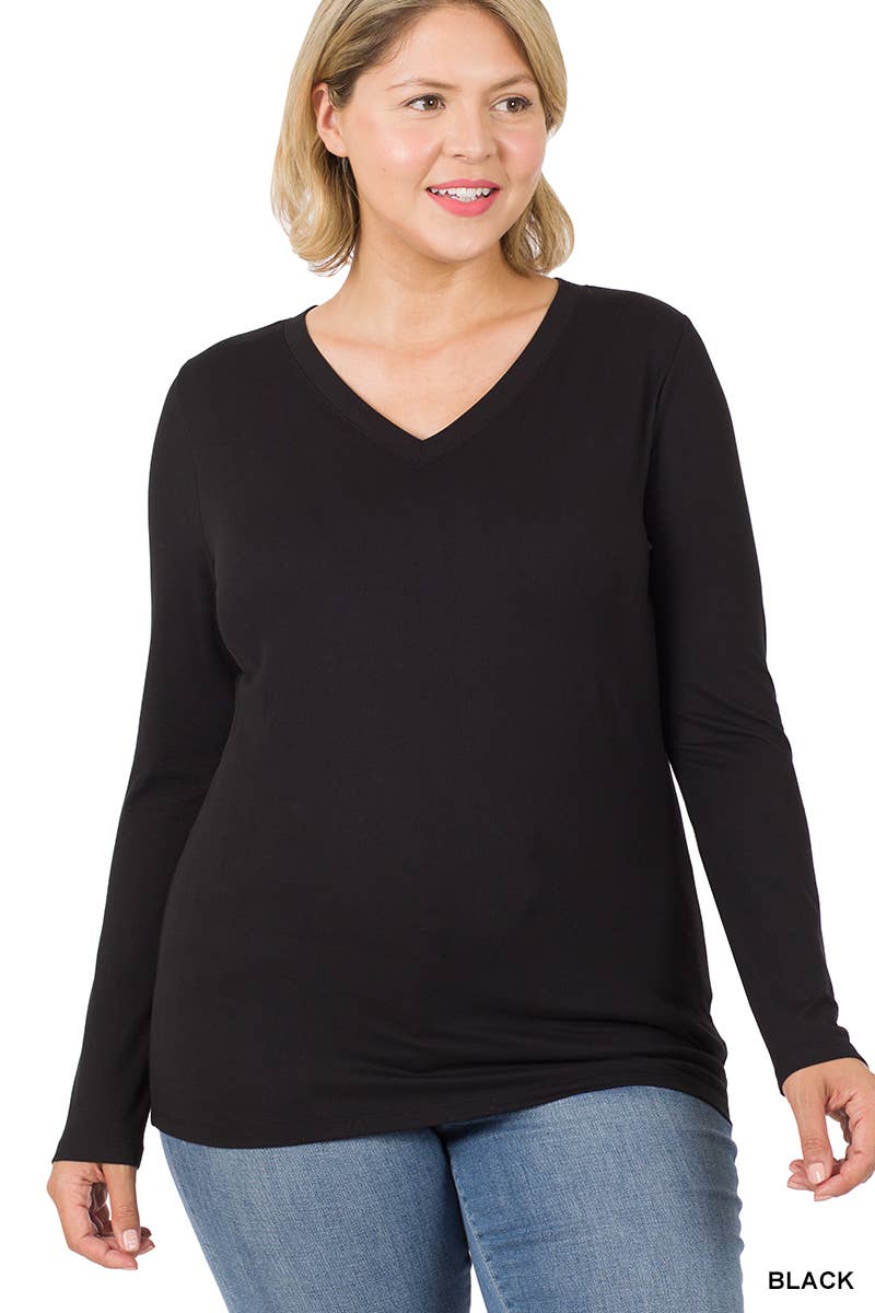 Plus Size Brushed Microfiber Long Sleeve V-neck Tee