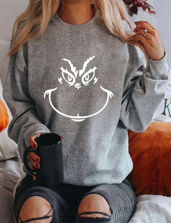 Grinch Face, Christmas, Unisex Crewneck Fleece Sweatshirts: Charcoal / M