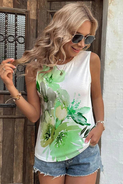 Placement Paint Floral Print Tank Top AXR046: White / S